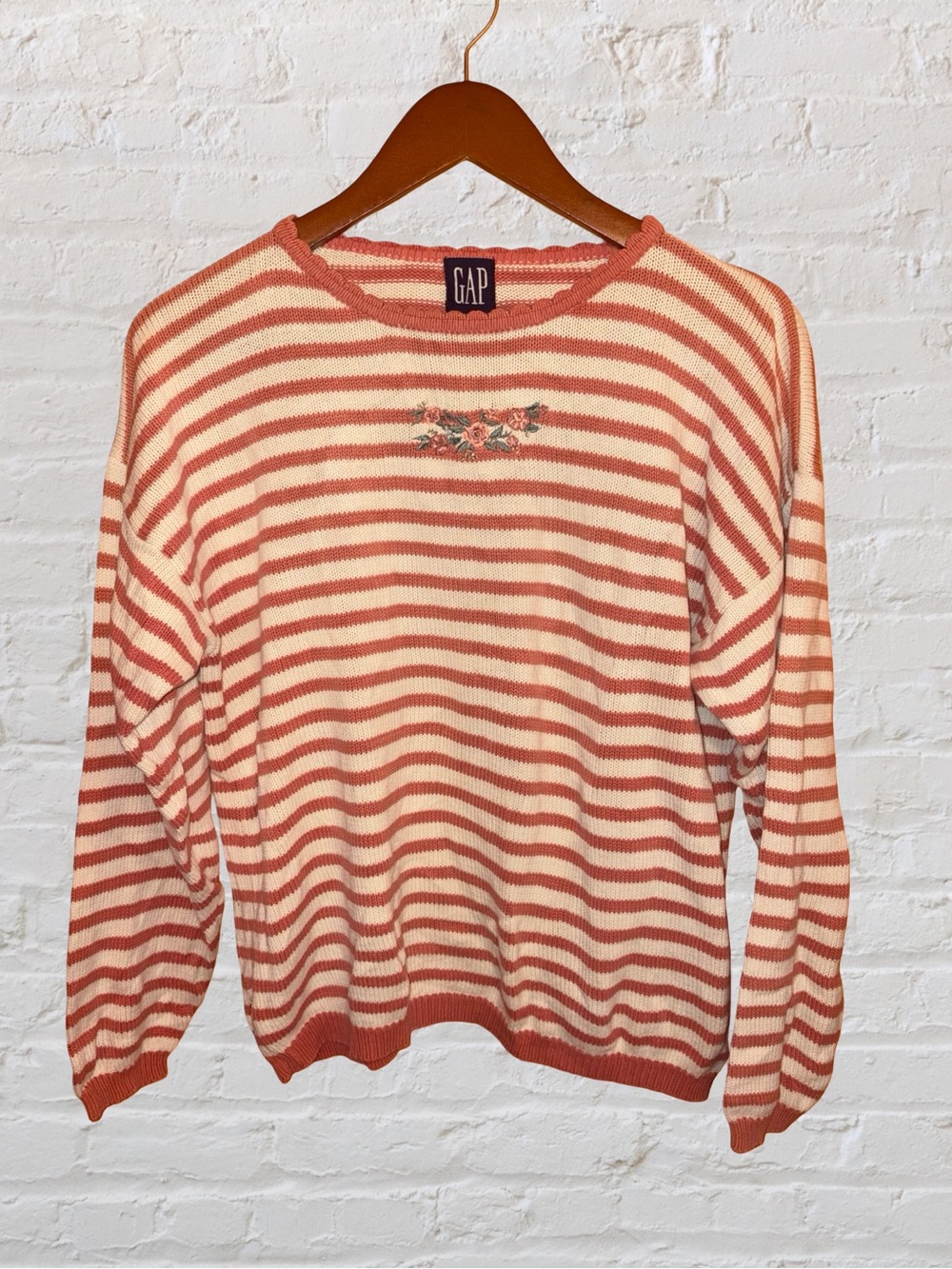 Vintage CottagecoreCream and Coral Striped Cotton Sweater with Floral Embroidery